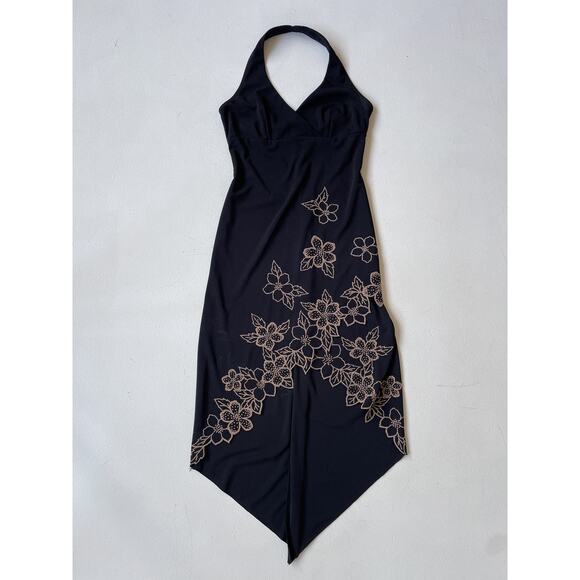 Y2K Black Floral Beaded Halter Dress Sz S Fairy Goth Prom Formal RAMPAGE - Picture 1 of 11